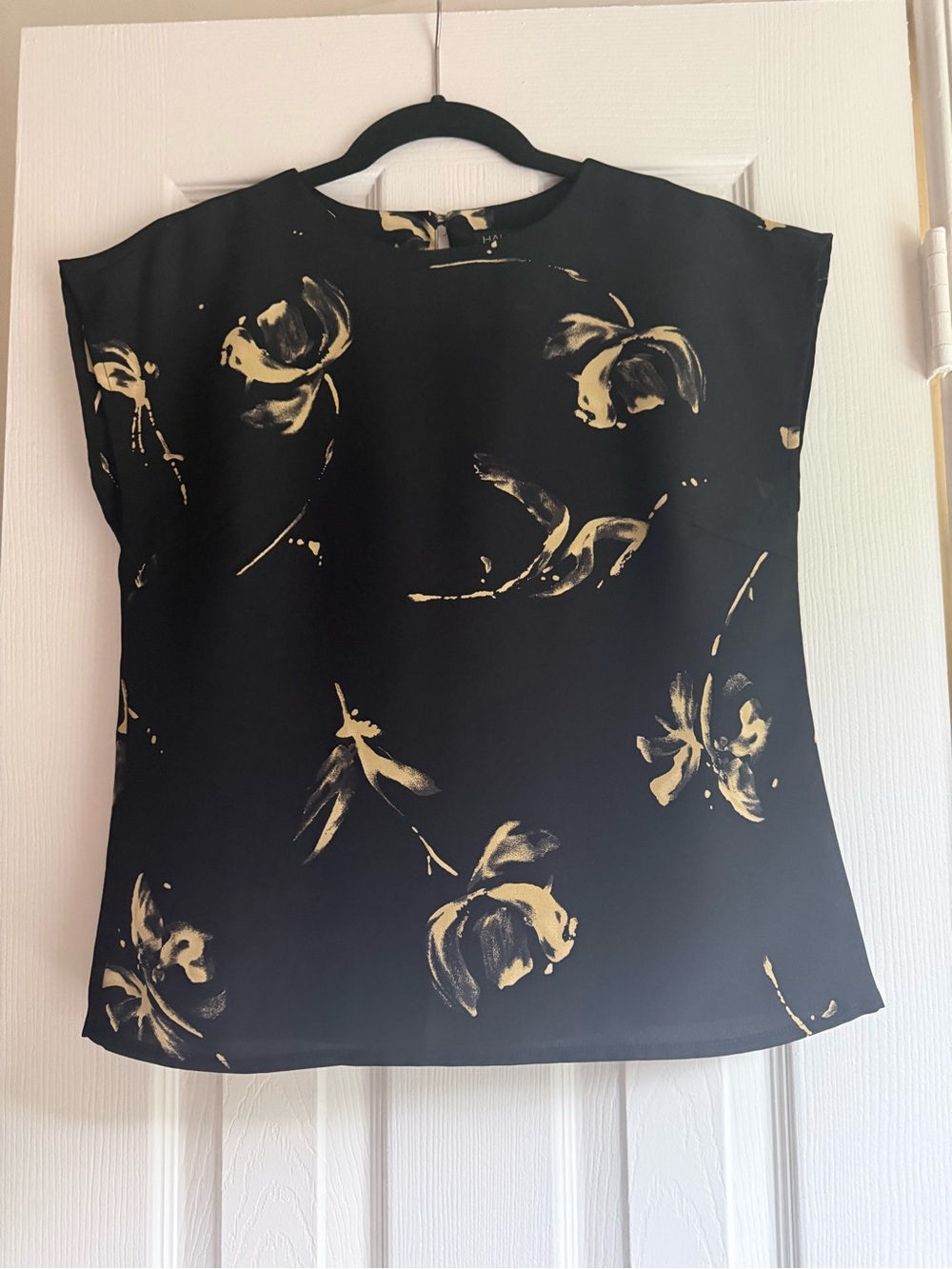 Halston Heritage Black Cap-Sleeve Top with Gold Floral Brushprint